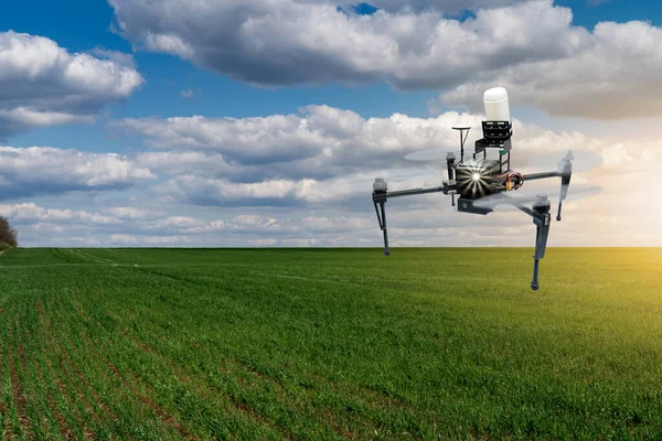 Drohne fliegt über ein Weizenfeld — Stockfoto