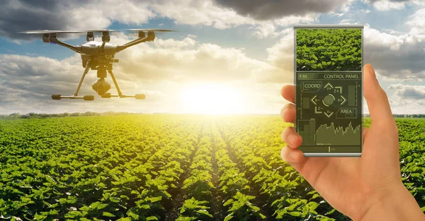 Landwirt steuert Drohne mit futuristischem Smartphone — Stockfoto