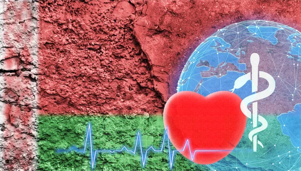 World Health Concept. The flag of Belarus is shown on the cracked wall of the building.