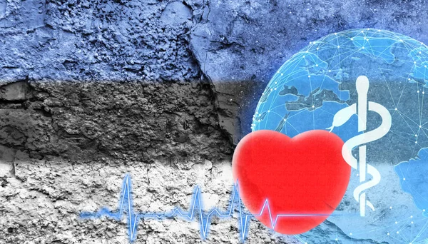 World Health Concept. The flag of Estonia is shown on the cracked wall of the building.
