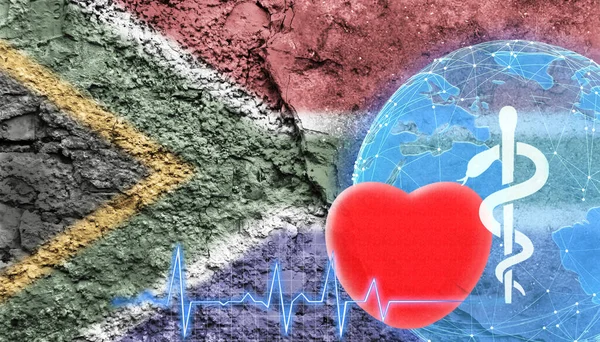 World Health Concept. The flag of South Africa is shown on the cracked wall of the building.