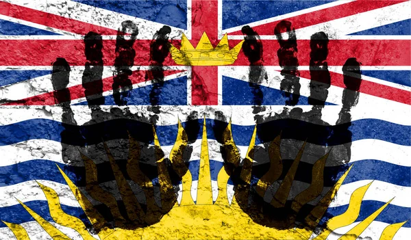 Handprints on the background of the flag of British Columbia. Freedom of choice, corruption, and detention concept