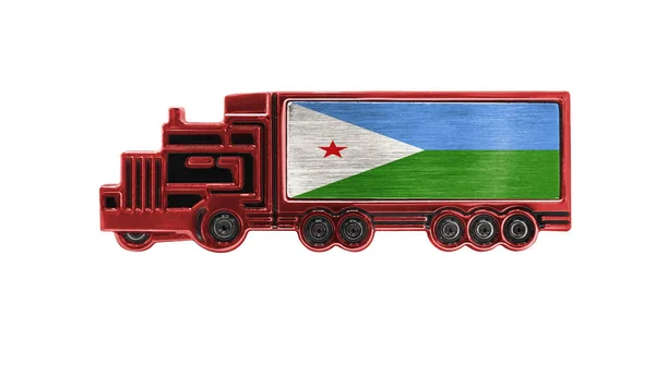 Toy truck with Djibouti flag shown isolated on white background. The concept of cargo transportation between countries.