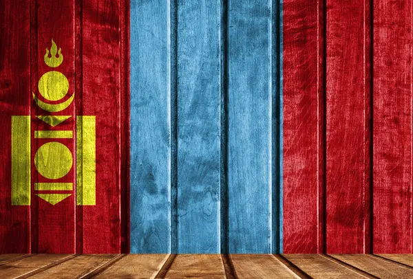 Wooden background with a flag of Mongolia. There is a place for your text in the photo. — Stock Image Wooden Background Flag Mongolia Place Your Text Photo Stock Photo