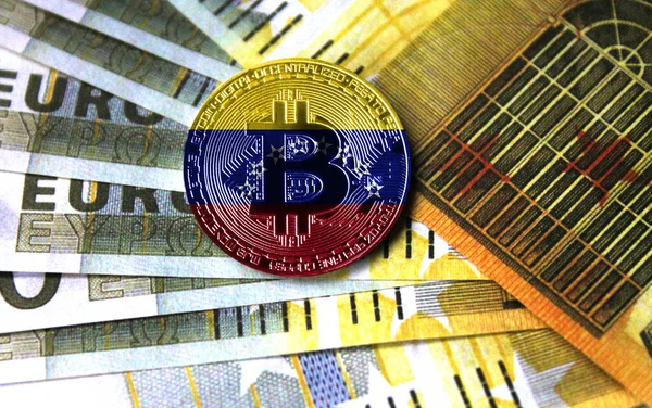 bitcoin with a flag of Venezuela is on money euro