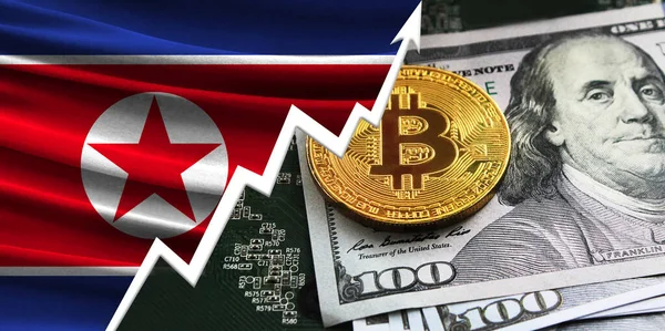 flag of North Korea depicted with US dollars and bitcoin coins with graph upwards