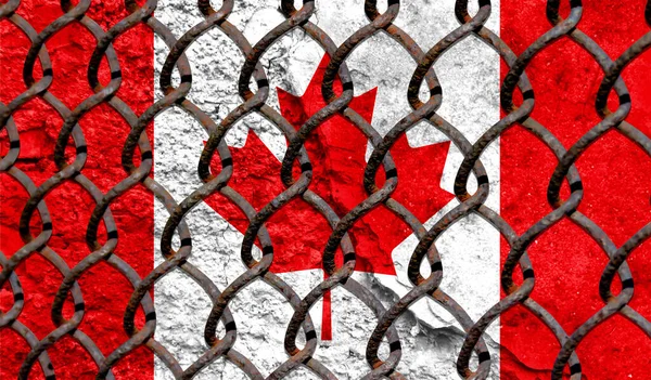 Immigration policy regarding migrants, illegal immigrants and refugees. Steel grid on the background of the flag of Canada