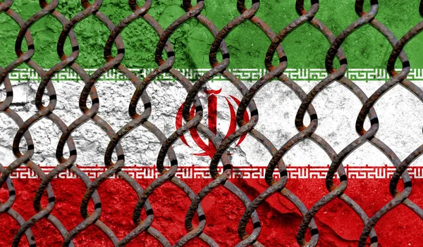 Immigration policy regarding migrants, illegal immigrants and refugees. Steel grid on the background of the flag of Iran