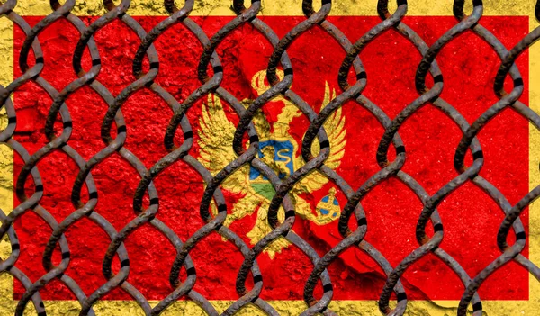 Immigration policy regarding migrants, illegal immigrants and refugees. Steel grid on the background of the flag of Montenegro