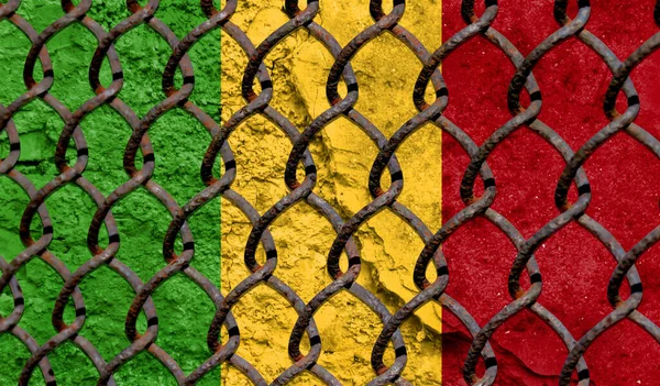 Immigration policy regarding migrants, illegal immigrants and refugees. Steel grid on the background of the flag of Mali