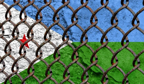 Immigration policy regarding migrants, illegal immigrants and refugees. Steel grid on the background of the flag of Djibouti