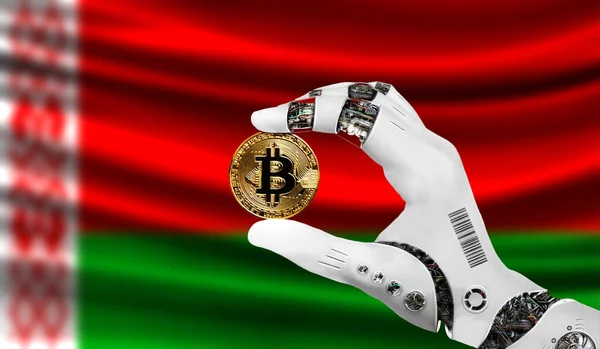 crypto currency bitcoin in the robot's hand, the concept of artificial intelligence, background flag of Belarus
