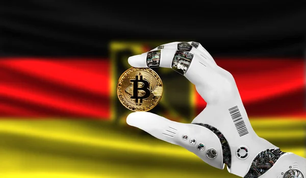 crypto currency bitcoin in the robot's hand, the concept of artificial intelligence, background flag of Germany