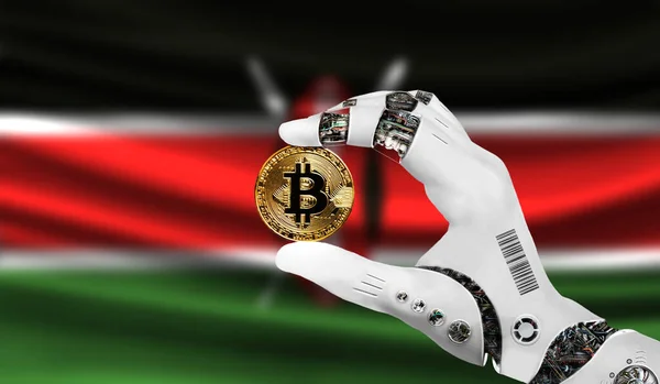 crypto currency bitcoin in the robot\'s hand, the concept of artificial intelligence, background flag of Kenya