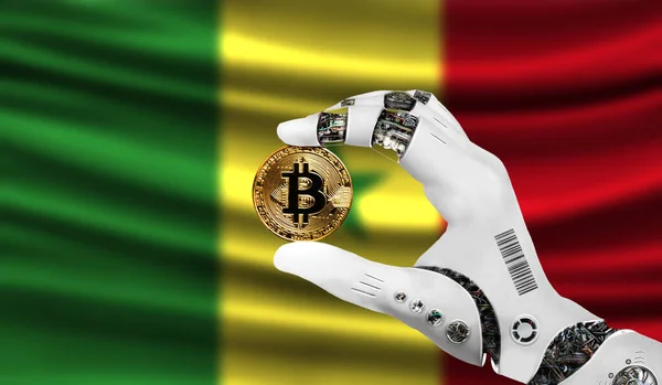 crypto currency bitcoin in the robot's hand, the concept of artificial intelligence, background flag of Senegal