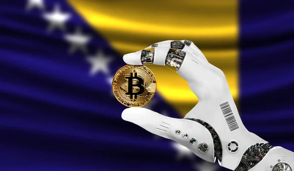 crypto currency bitcoin in the robot\'s hand, the concept of artificial intelligence, background flag of Bosnia and Herzegovina