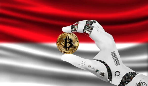 crypto currency bitcoin in the robot's hand, the concept of artificial intelligence, background flag of Monaco