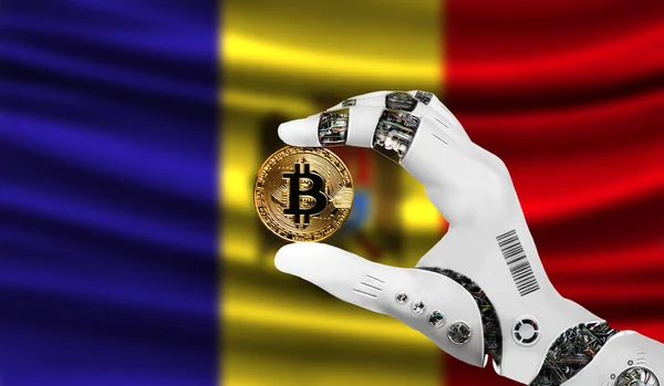 crypto currency bitcoin in the robot's hand, the concept of artificial intelligence, background flag of Moldova