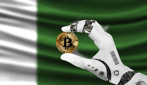 crypto currency bitcoin in the robot\'s hand, the concept of artificial intelligence, background flag of Pakistan