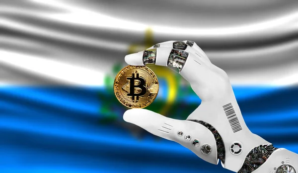 crypto currency bitcoin in the robot\'s hand, the concept of artificial intelligence, background flag of San marino