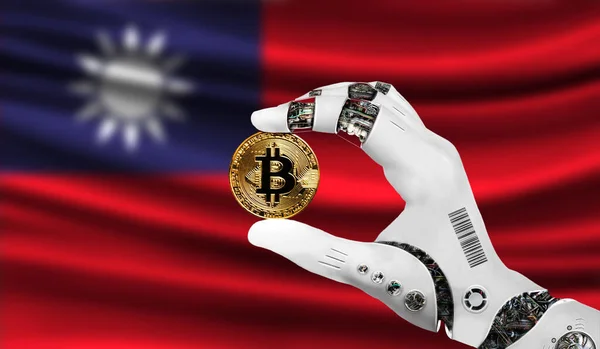 crypto currency bitcoin in the robot\'s hand, the concept of artificial intelligence, background flag of Taiwan