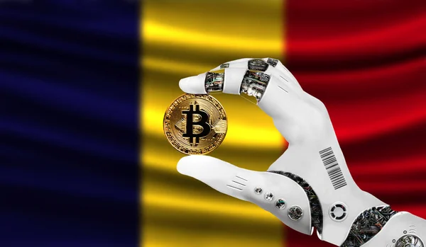 crypto currency bitcoin in the robot's hand, the concept of artificial intelligence, background flag of Chad