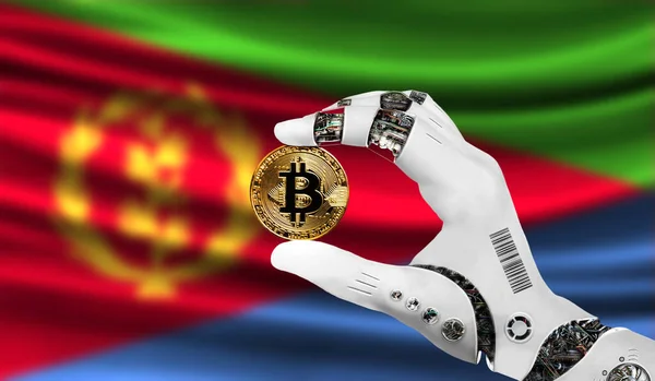 crypto currency bitcoin in the robot's hand, the concept of artificial intelligence, background flag of Eritrea