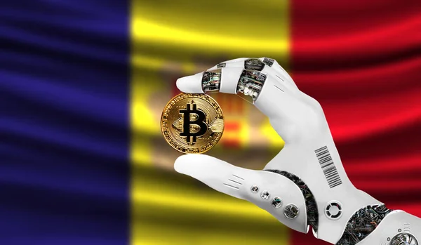 crypto currency bitcoin in the robot\'s hand, the concept of artificial intelligence, background flag of Andorra