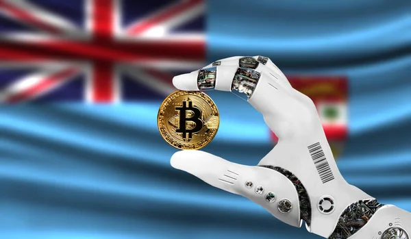 crypto currency bitcoin in the robot\'s hand, the concept of artificial intelligence, background flag of Fiji