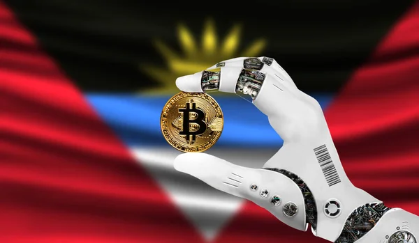 crypto currency bitcoin in the robot's hand, the concept of artificial intelligence, background flag of Antigua and Barbuda