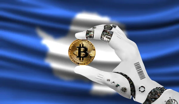 crypto currency bitcoin in the robot's hand, the concept of artificial intelligence, background flag of Antarctic