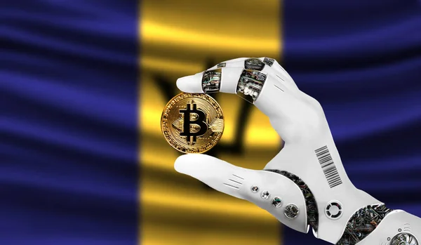 crypto currency bitcoin in the robot\'s hand, the concept of artificial intelligence, background flag of Barbados