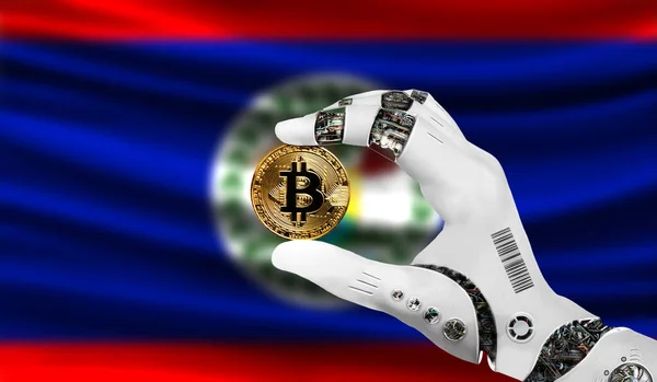 crypto currency bitcoin in the robot's hand, the concept of artificial intelligence, background flag of Belize