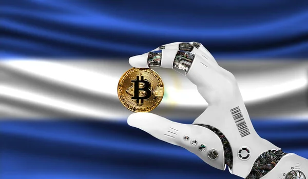 crypto currency bitcoin in the robot\'s hand, the concept of artificial intelligence, background flag of Nicaragua