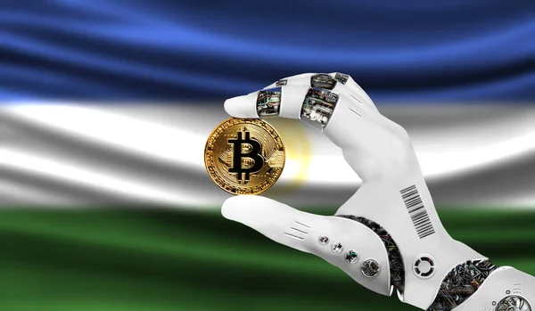 crypto currency bitcoin in the robot's hand, the concept of artificial intelligence, background flag of Bashkortostan