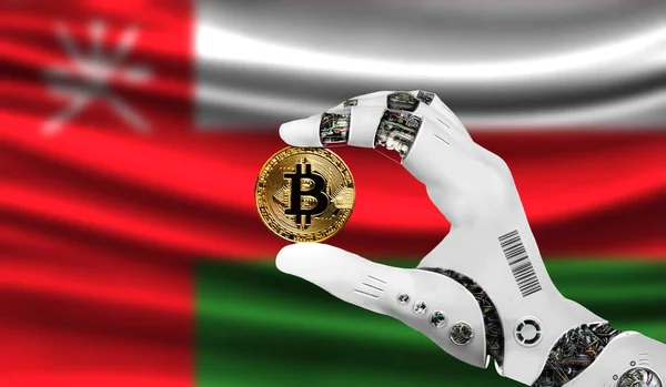 crypto currency bitcoin in the robot\'s hand, the concept of artificial intelligence, background flag of Oman