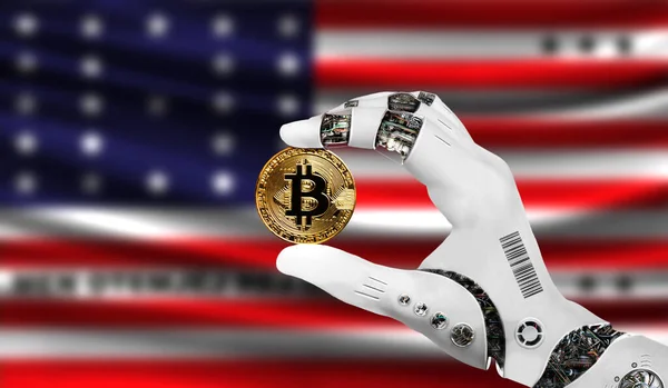 crypto currency bitcoin in the robot\'s hand, the concept of artificial intelligence, background flag of Bikini Atoll