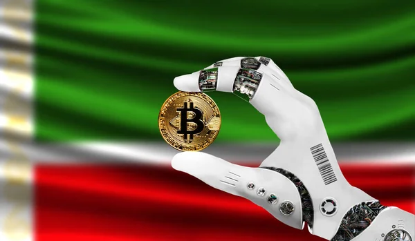 crypto currency bitcoin in the robot\'s hand, the concept of artificial intelligence, background flag of Chechen Republic