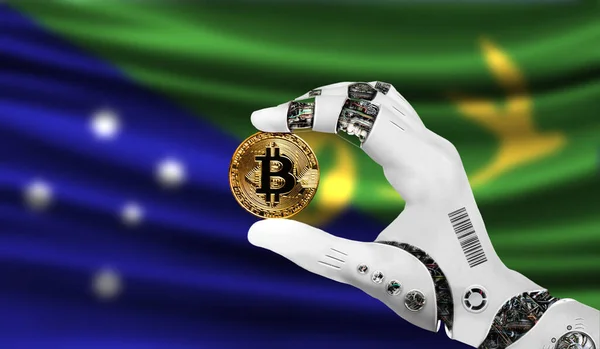 crypto currency bitcoin in the robot\'s hand, the concept of artificial intelligence, background flag of Christmas Island