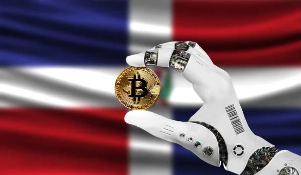 crypto currency bitcoin in the robot's hand, the concept of artificial intelligence, background flag of Dominican Republic