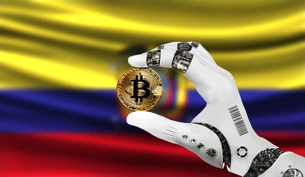 crypto currency bitcoin in the robot\'s hand, the concept of artificial intelligence, background flag of Ecuador