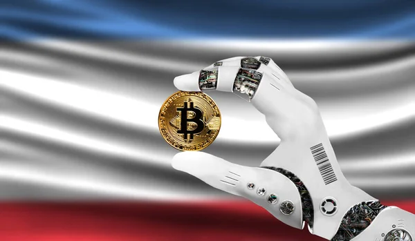 crypto currency bitcoin in the robot's hand, the concept of artificial intelligence, background flag of Crimea