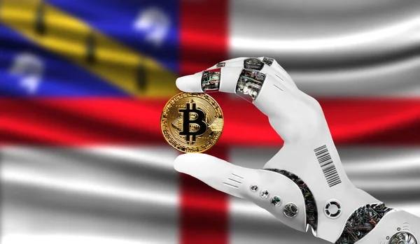 crypto currency bitcoin in the robot's hand, the concept of artificial intelligence, background flag of Herm
