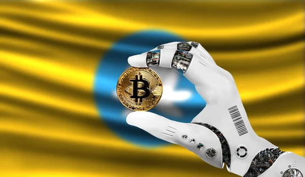 crypto currency bitcoin in the robot\'s hand, the concept of artificial intelligence, background flag of Kalmykia