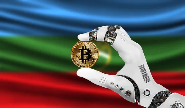 crypto currency bitcoin in the robot\'s hand, the concept of artificial intelligence, background flag of Karachay Cherkessia