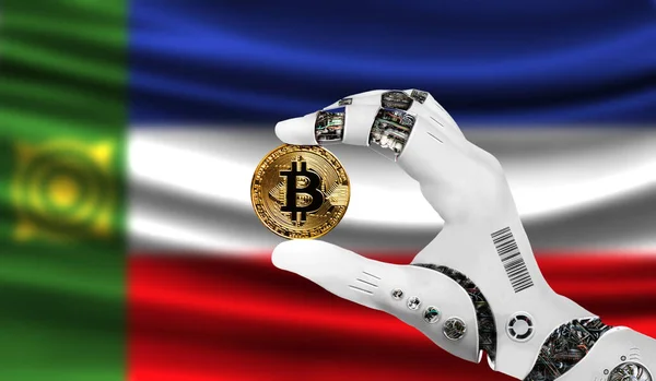 crypto currency bitcoin in the robot's hand, the concept of artificial intelligence, background flag of Khakassia