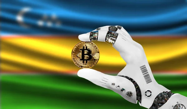 crypto currency bitcoin in the robot\'s hand, the concept of artificial intelligence, background flag of Karakalpakstan