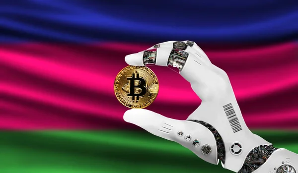 crypto currency bitcoin in the robot's hand, the concept of artificial intelligence, background flag of Kuban peoples republic