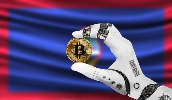 crypto currency bitcoin in the robot's hand, the concept of artificial intelligence, background flag of Guam