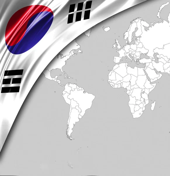 Flag of South Korea with a place for your text, in the background a world map.